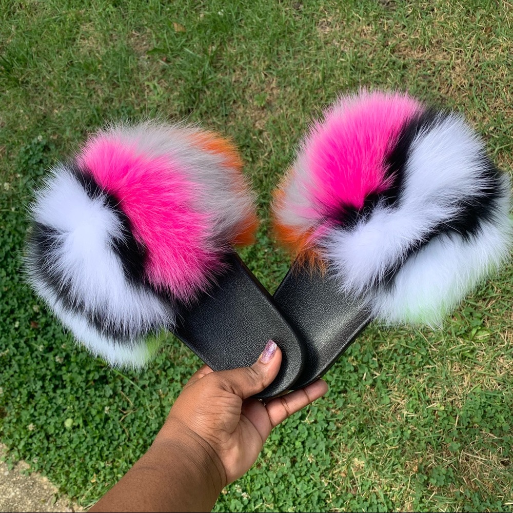 Multicolor Fur Slides